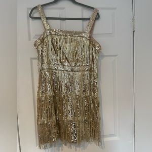 Gold sparkly fringe dress.